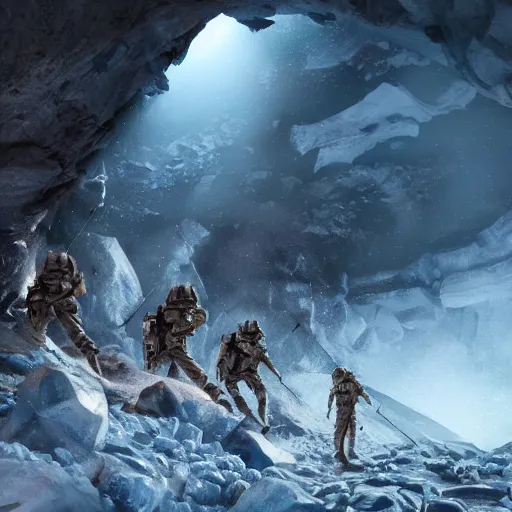 Image similar to futuristic soldiers exploring a prehistoric cave in antarctic, cinematic lighting, 1 9 2 0's sci - fi, deep aesthetic colors, 8 k, highly ornate intricate details, extreme detail,