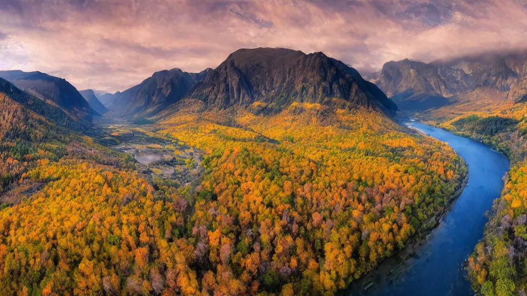 Image similar to The most beautiful panoramic landscape taken by a dron, oil painting, where the mountains are towering over the valley below their peaks shrouded in mist. The sun is just peeking over the horizon and the sky is ablaze with colors. The river is winding its way through the valley and the trees are starting to turn yellow and red, by Greg Rutkowski, aerial view