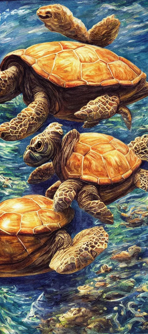 Image similar to giant turtle eating potatoes oil painting