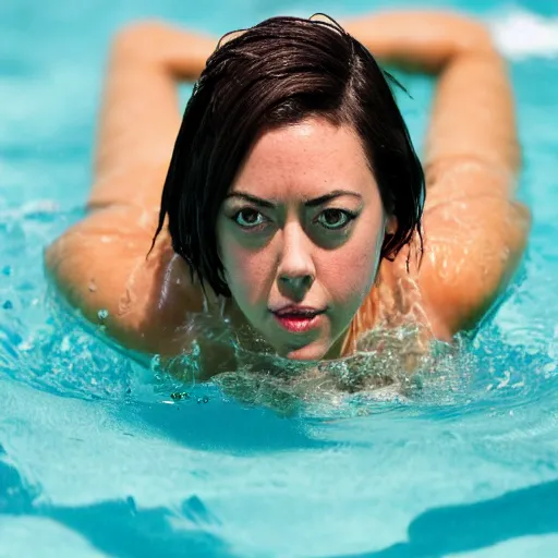Prompt: photograph of aubrey plaza swimming in a pool, highly detailed, symmetrical, nikkor 8 5 mm f / 1. 8 g