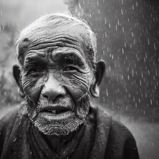 Image similar to Monochrome portrait of an intense old Nepali man on a rainy misty Kathmandu street at night, the only light source are bright overhead street lights, close-up, motion blur, grainy Tri-x pushed to 3200, 24mm tilt-shift, water drops on the lens, holga