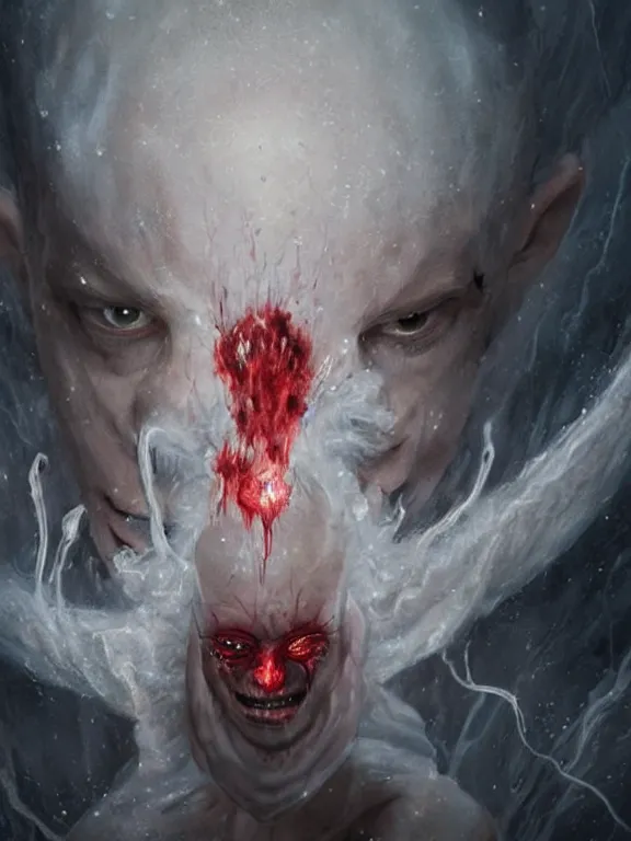 Image similar to painting by greg rutkowski of a flying sorrowful looking human head with tears running down it's eyes, face that is chalk white in color, with long sprawling white tentacles stemming down it's neck, fiery scorching red eyes, flying in a terrying hellish dark cavernous place