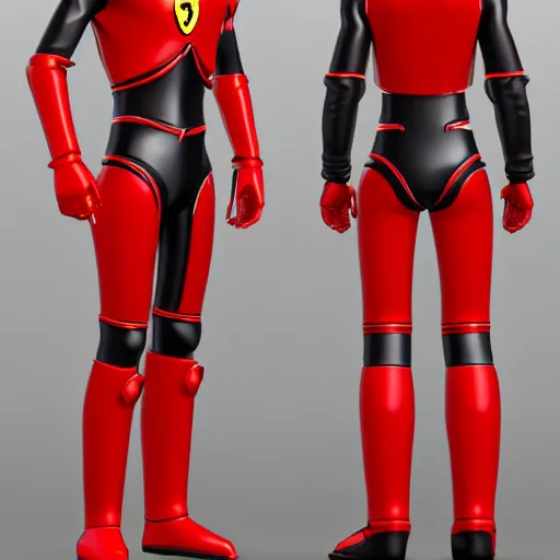 Image similar to Tokusatsu character based on Ferrari, red mechanical skinny body, chest plate with Ferrari logo, stylized motorcycle helmet, full body, unreal engine, 3D model