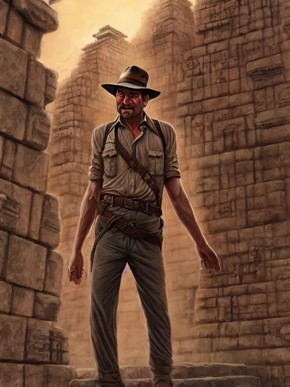 Image similar to indiana jones standing in front of an ancient temple, digital painting, extremely detailed, 4 k, intricate, artgerm, by zhenyu liu