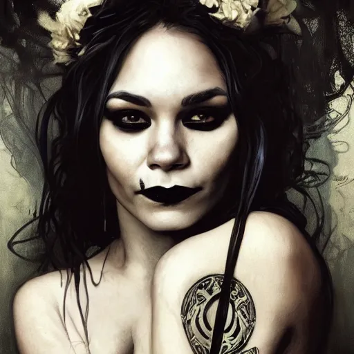 Image similar to beautiful portrait of vanessa hudgens as death from sandman, smiling, by cedric peyravernay, alphonse mucha, by jeremy mann, by lecouffe deharme, goth chic, soft lightning, eyeliner, punk rock, high detailed, 8 k