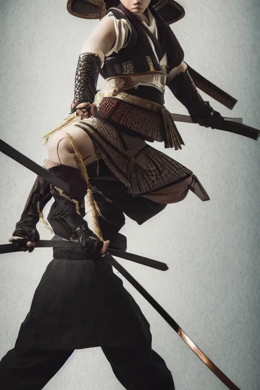 Image similar to highly detailed beautiful photo of a young female samurai, practising sword stances, symmetrical face, beautiful eyes, realistic anime art style, 8 k, award winning photo, pastels, action photography, 1 / 1 2 5 shutter speed, dramatic lighting