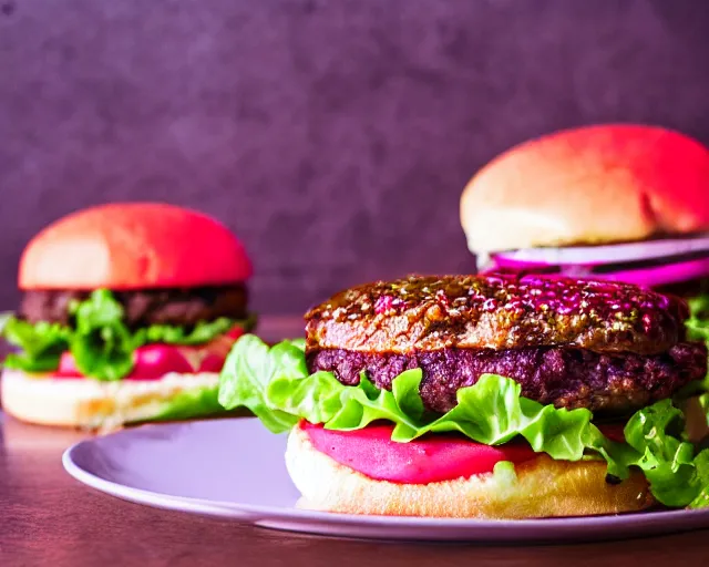 Image similar to dslr food photograph of burger with a pink raw patty in it, 8 5 mm f 1. 4