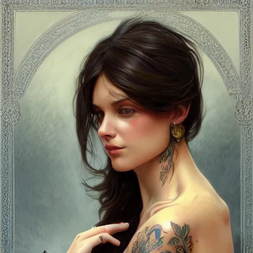 Prompt: ultra realistic illustration, a hot brunette tattooed slavic woman in her late 2 0's, intricate, elegant, highly detailed, digital painting, artstation, concept art, smooth, sharp focus, illustration, art by artgerm and greg rutkowski and alphonse mucha