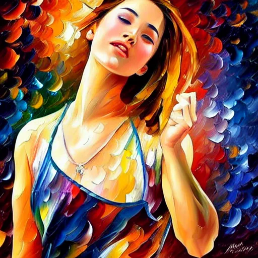 Image similar to highly detailed painting of a beautiful young woman, dancing in the rain, intricate, high quality oil painting artstyle, in the style of leonid afremov, deviantart, figurative art, deviantart, ilya kuvshinov, lovecraftian, very detailed face, portrait