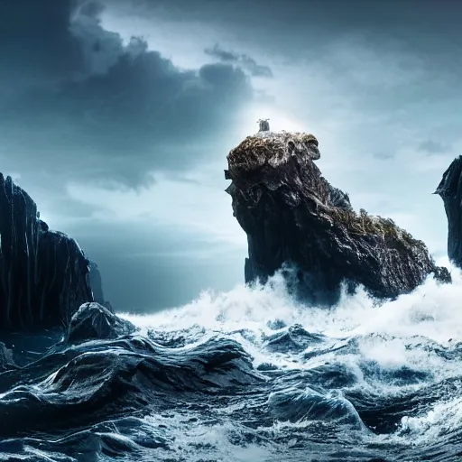 Image similar to photograph with stylish lens effect, stylistic lighting, 1 9 8 0's sci - fi style, extremely epic, hyppereality, weta digital, octane render, a giant towering man in black evil pope robes floating above crashing dramatic ocean waves with sea foam and sea spray along a rocky coast, cinema 4 d, volumetric lighting