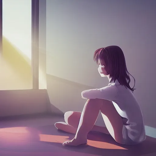 Prompt: medium sensor, 88mm lense , depth of field, rim lights, anime, advanced digital art, soft blur, girl sitting in a room filled with art supplies, sun rays coming in through a window on the left.