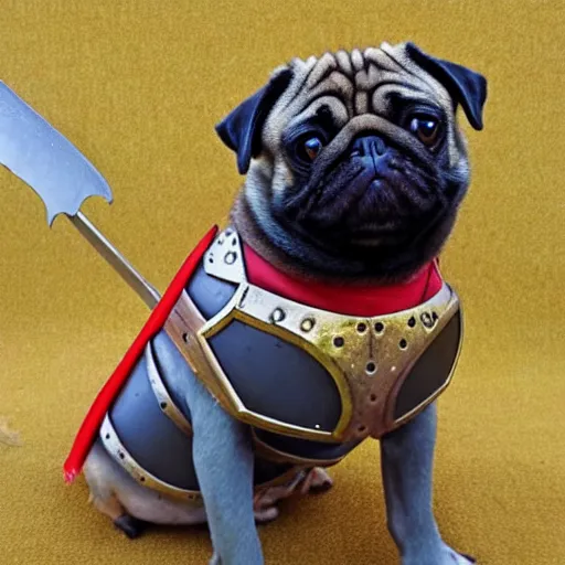 Prompt: A warrior pug with armor and a sword