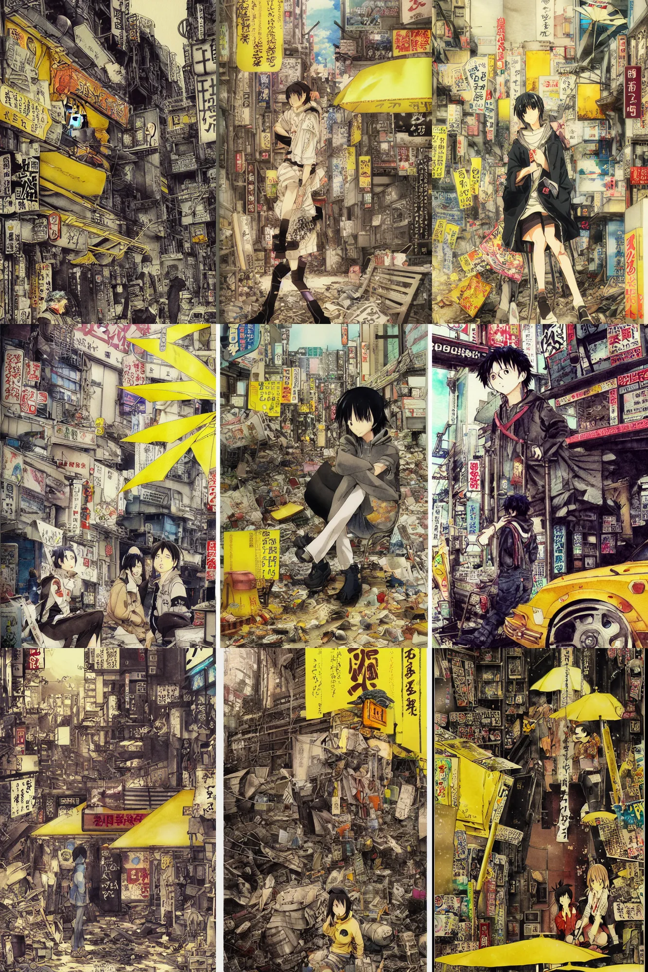 Prompt: tatsuyuki tanaka anime movie poster, genius party,shinjuku, koju morimoto, katsuya terada, masamune shirow, tatsuyuki tanaka, detailed watercolor, paper texture, movie scene, distant shot of hoody girl side view sitting under a yellow striped parasol in deserted dusty shinjuku junk town, old pawn shop, bright sun bleached ground ,scary chameleon face muscle robot monster lurks in the background, ghost mask, teeth, animatronic, black smoke, pale beige sky, junk tv, texture, strange, impossible, fur, spines, mouth, pipe brain, shell, brown mud, dust, bored expression, overhead wires, telephone pole, dusty, dry, pencil marks, hd, 4k, remaster, dynamic camera angle, deep 3 point perspective, fish eye, dynamic scene