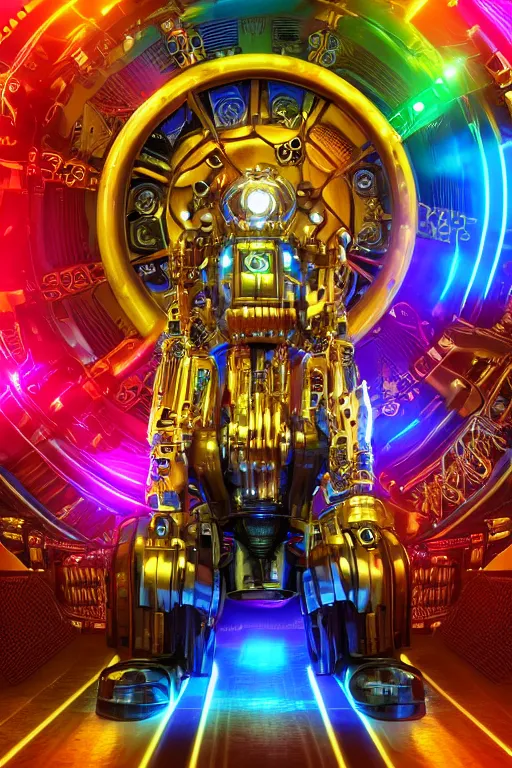 Prompt: portrait photo of a giant huge golden and blue metal futuristic steampunk robot covered with multicolored big gears and tubes, eyes are glowing red lightbulbs, robot holds a huge red electric guitar, shiny crisp finish, 3 d render, 8 k, insaneley detailed, fluorescent colors, background is multicolored lasershow