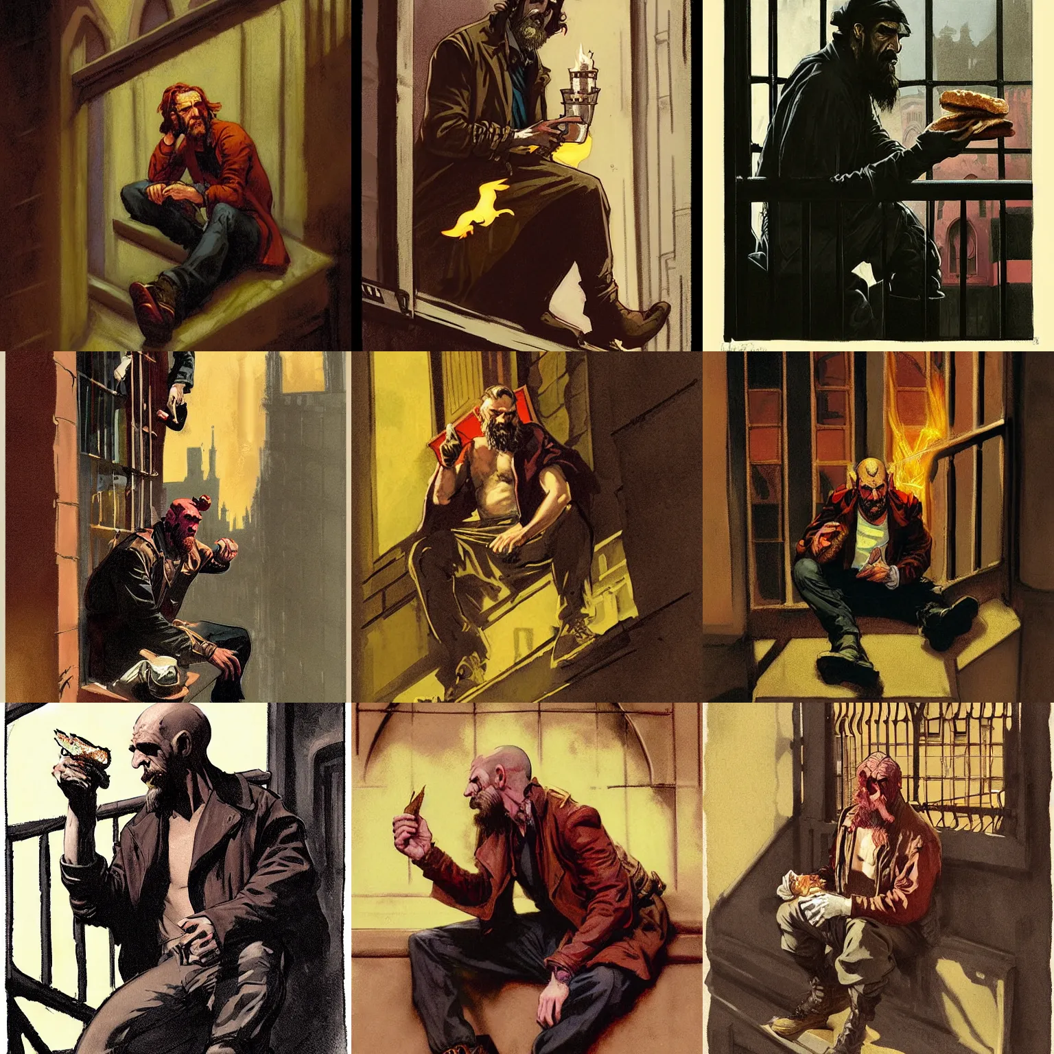 Prompt: character portrait of a rugged hellboy sitting down on a fire escape eating a sandwich in gothic london, gothic, john singer sargent, muted colors, moody colors, illustration, digital illustration, amazing values, art by j. c. leyendecker, joseph christian leyendecker, william - adolphe bouguerea, graphic style, dramatic lighting, gothic lighting