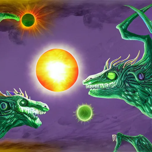 Image similar to eclipse transforming living things into monsters. digital paint.