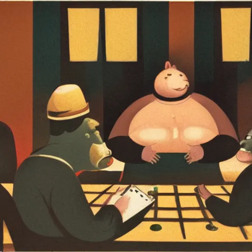 Image similar to fat animals gambling at a table with a single light overhead, dark room, smoke fills the room, roaring 2 0 s american art style