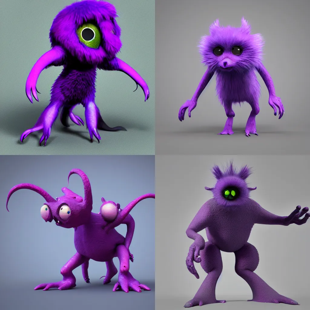 Prompt: creature concept art 3d render purple furry creature with many legs and big eyes