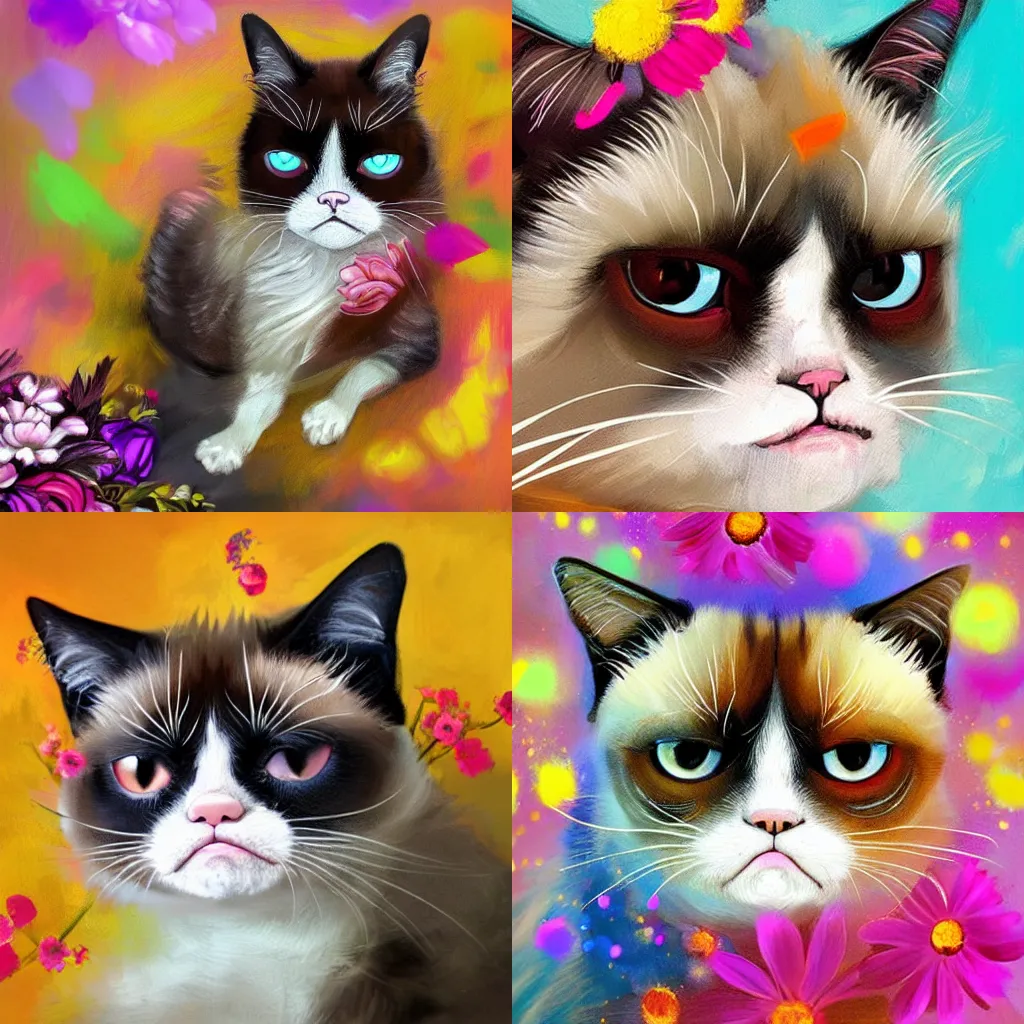 Prompt: portrait of grumpy cat smiling ear to ear, joyful , colorful fur, bright fur, silver whiskers, good kitty, flowers, brushwork, Golden embers flying,vivid color.digital 2D, painterly style, cinematic matte Illustration,trending on pixiv and artstation.Fantastic depth-of-field effect in Bacnground,by Wlop,Mika Pikazo，Yoneyama Mai，Makoto Shinkai, VOFAN