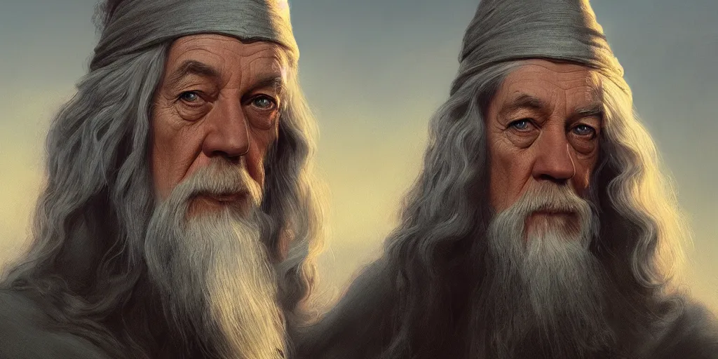 Image similar to Gandalf portrait, golden hour, rim lighting, detailed matte painting, cinematic, Alan Lee, Artstation