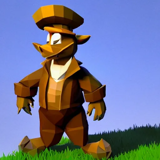 Image similar to image of a humanoid inspector badger with a brown trenchcoat as an npc in spyro the dragon video game, with low poly playstation 1 graphics, upscaled to high resolution