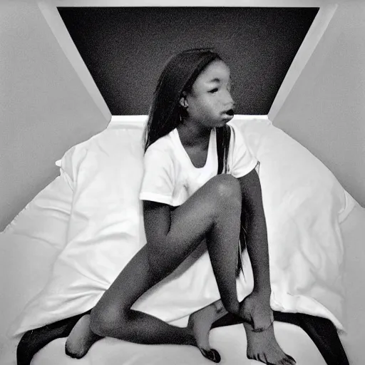 Prompt: girl is sitting on a bed with her legs crossed, a black and white photo by harriet powers, instagram contest winner, shock art, 2 0 megapixels, art on instagram, photocopy