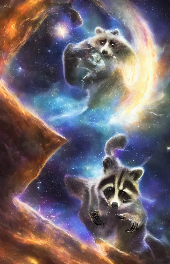 Image similar to A digital concept art painting a space cosmic racoon in the stars, space art concept