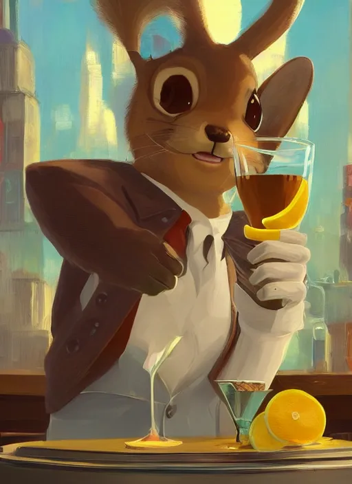 Image similar to squirrel anthro as a dapper bartender with a big, fluffy tail, retro futurism, art deco, detailed, painterly digital art by WLOP and Cory Loftis and Quint Buchholz, 🐿🍸🍋, furaffinity, trending on artstation