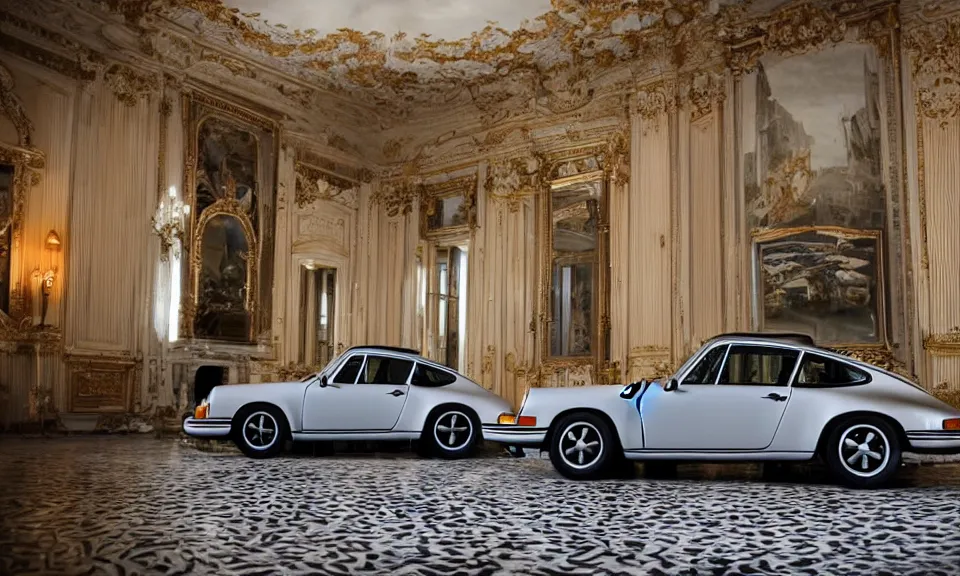 Prompt: photo of a retro porsche 911 in a beautiful palace