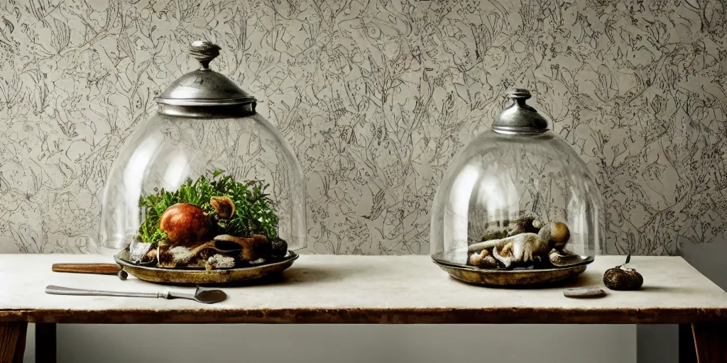 Prompt: clear glass cloche, covered with a fungus, on an old table top with knives spoons, old kitchen backdrop, flock wallpaper, style by peter lippmann, intricate detail,