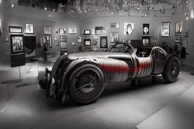 Image similar to cyberpunk 1 9 2 6 bugatti type 3 5, volumetric lighting, in a museum, museum exhibit, museum lighting, 9 0 s film photo