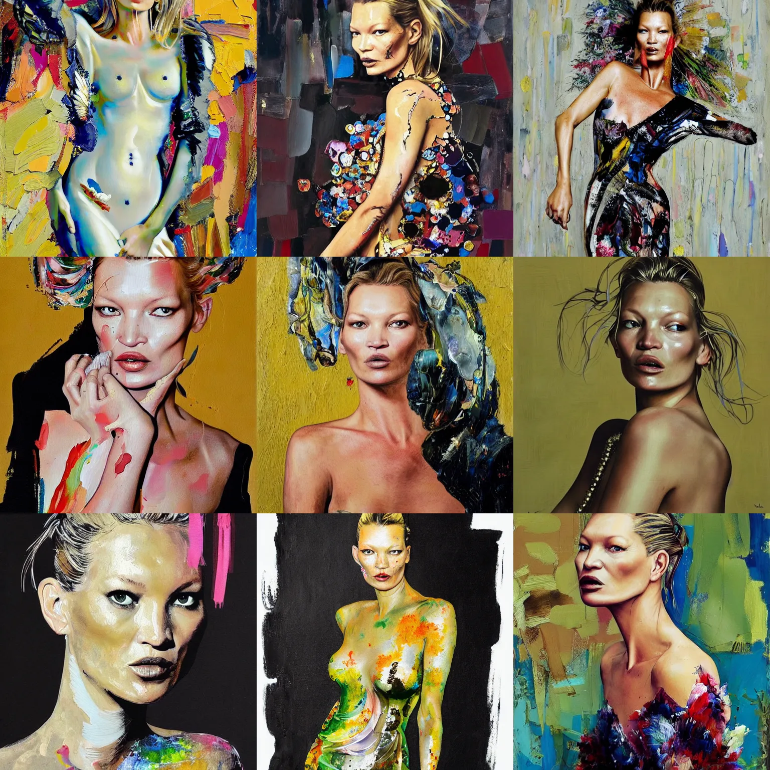 Prompt: kate moss wearing haute couture dress in the style of ger doornink full figure painting by andrei riabovitchev, tara mcpherson, david choe, sandra chevier, detailed painterly impasto brushwork