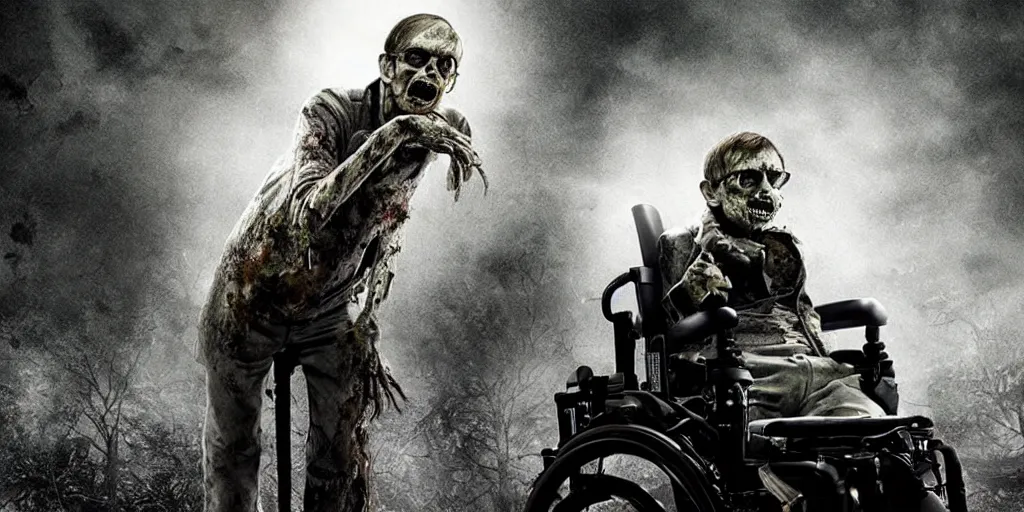 Image similar to a zombie movie where all the zombies are stephen hawking, horror imax cinematic dark night fog