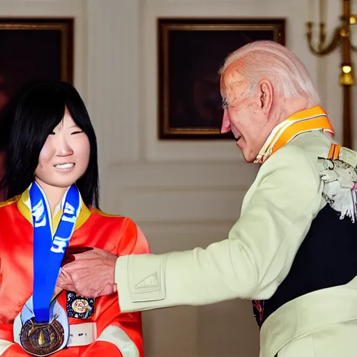 Prompt: joe biden giving asuka the medal of honor, photograph by, 4 k