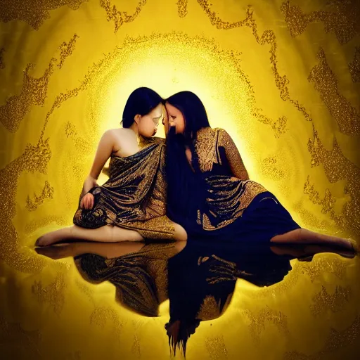 Image similar to two asian girls sleeping, liquid golden and black fluid, magic hour, dramatic light, liquid painting, golden bodypaint, yellow and blue lightning, world best photography, indian patterns, bokeh, golden jewelry filigree, body detaily, ornaments, fresco by michaelangelo, golden rays, god rays, epic cinematic wallpaper, cold color palette, cold colors, sad mood