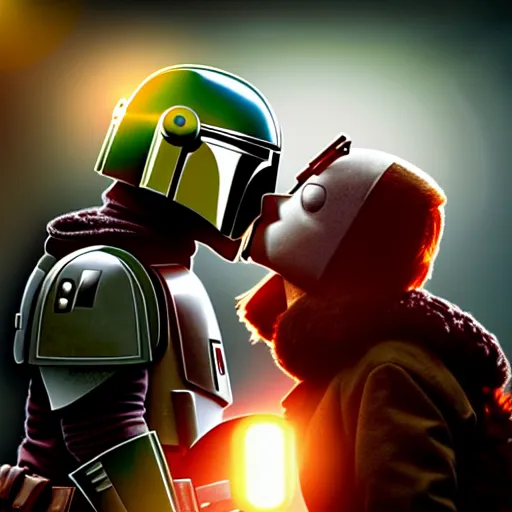 Image similar to mando from mandalorian kissing peter parking from family guy ultra realistic, lens flare, atmosphere, glow, detailed, intricate, full of colour, cinematic lighting, trending on artstation, 4 k, hyperrealistic, focused, extreme details, unreal engine 5, cinematic, masterpiece, ultra realistic, hyper realistic, highly detailed, sharp focus, digital art