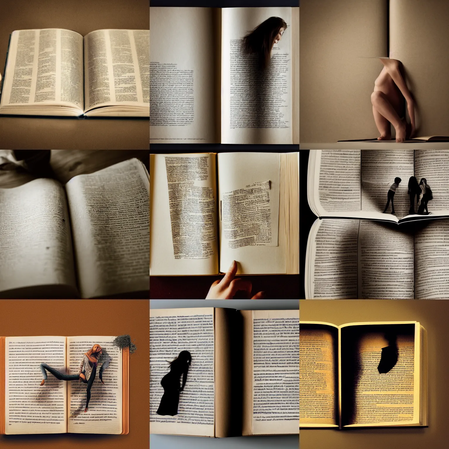 Prompt: an open book whose pages are replaced by flattened women, photography, focus, hyperrealistic, light dust, cinematic lighting