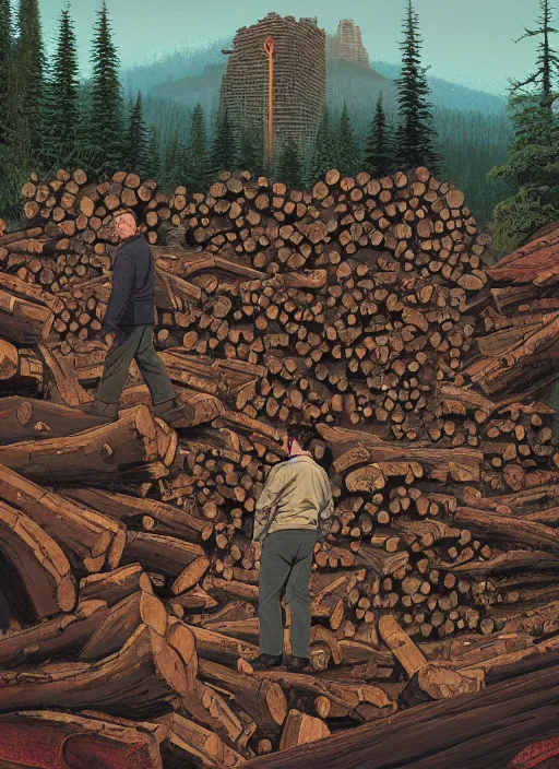 Prompt: Twin Peaks poster artwork by Michael Whelan and Tomer Hanuka, Rendering of log pile factory, man crushed by it, hidden under the logs, hand sticking out of log pile, full of details, by Makoto Shinkai and thomas kinkade, Matte painting, trending on artstation and unreal engine