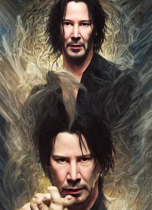 Image similar to keanu reeves as sandman, with fingers and hair turning into smoke, vertigo, shaved, pale skin!, fantasy, intricate, elegant, highly detailed, digital painting, artstation, concept art, wallpaper, smooth, sharp focus, illustration, art by artgerm and greg rutkowski and alphonse mucha