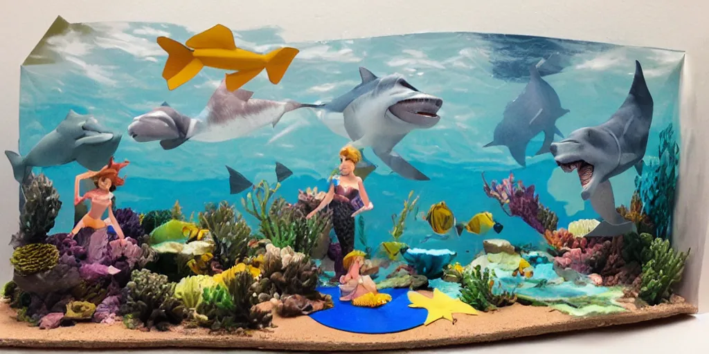 Image similar to paper craft diorama of an underwater party with a king shark and a mermaid