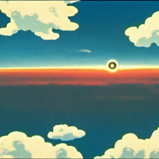 Prompt: atomic nucleus surrounded by clouds, energetic hope, studio ghibli