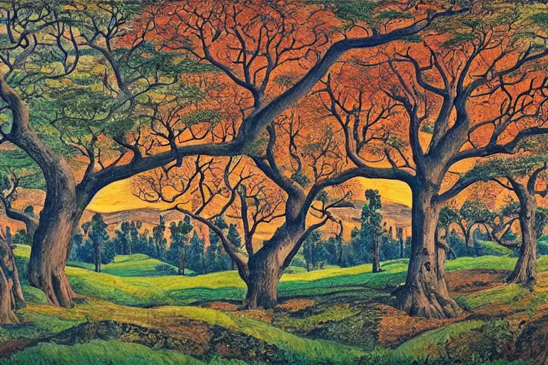 Prompt: masterpiece digital painting of oak trees on a hillside overlooking a creek, by leng mei lennie lee leo goetz leo leuppi leo lionni leo michelson leo valledor leo and diane dillon leon chwistek leon golub leon kaplinski leon kossoff leon kroll leon polk smith leon wyczołkowski leona wood