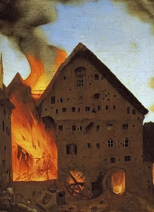 Prompt: medieval barn on fire, fire, wildfire, medieval landscape, medieval painting by jan van eyck, johannes vermeer, florence