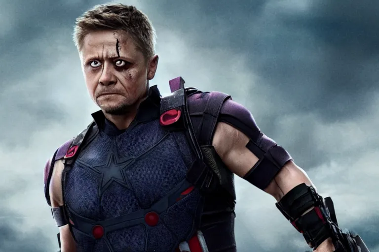 Image similar to film still of Hawkeye as a zombie in new avengers movie, 4k