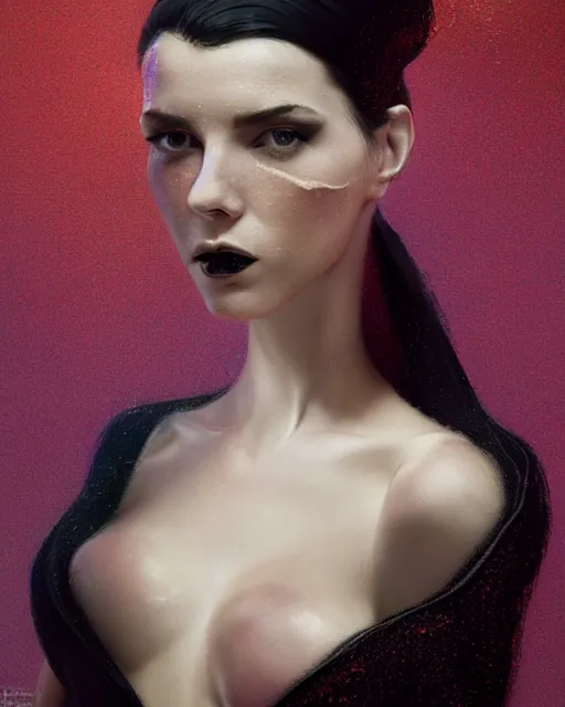 Prompt: 3 d animation of a half body portrait of juliana, wearing a risque outfit made from gummy worms, black hair, freckles, pale skin, photo by greg rutkowski, high fashion, female beauty, intricate detail, elegance, sharp shapes, soft lighting, vibrant colors, masterpiece