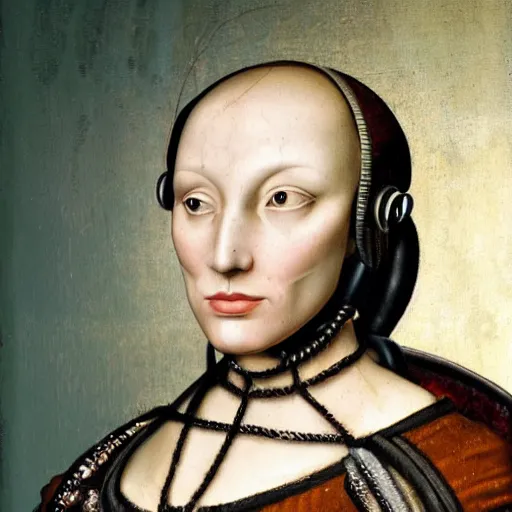 Prompt: portrait photo of a beautiful female cyborg from The Renaissance!!