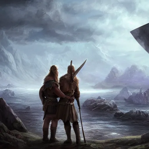 Image similar to epic portrait two viking couple holding hands and watching a city being destoryed in far distance, Blurry backround, explosions, cloudy, digital painting, artstation, concept art, soft light, hdri, smooth, sharp focus, illustration, fantasy, intricate, elegant, highly detailed, D&D, matte painting, in the style of Greg Rutkowski and Alphonse Mucha and artemisia, 8k, highly detailed, jurgens, rutkowski, bouguereau, pastoral, rustic, georgic