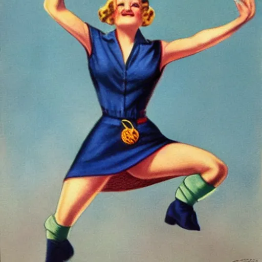 Prompt: a 1 9 2 0 s ultra - realistic color portrait. happy, healthy, beautiful, smiling, young, sporty, blonde, blue - eyed symmetric rosie the riveter in decent athletic wear. hyper - realistic detailed drawing