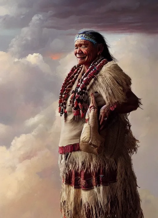 Image similar to portrait of an indigenous amazonian grandfather and grandmother in the clouds, smiling, protection, benevolence, ancestors, detailed faces, art by greg rutkowski