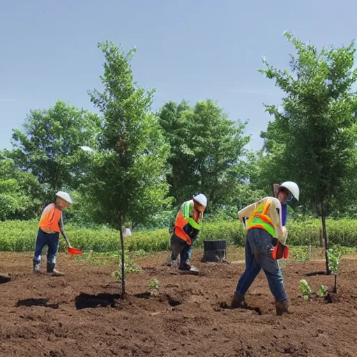 Prompt: a group of workers planting trees in front of a clean white sci fi containment building with a utopian city in the distance